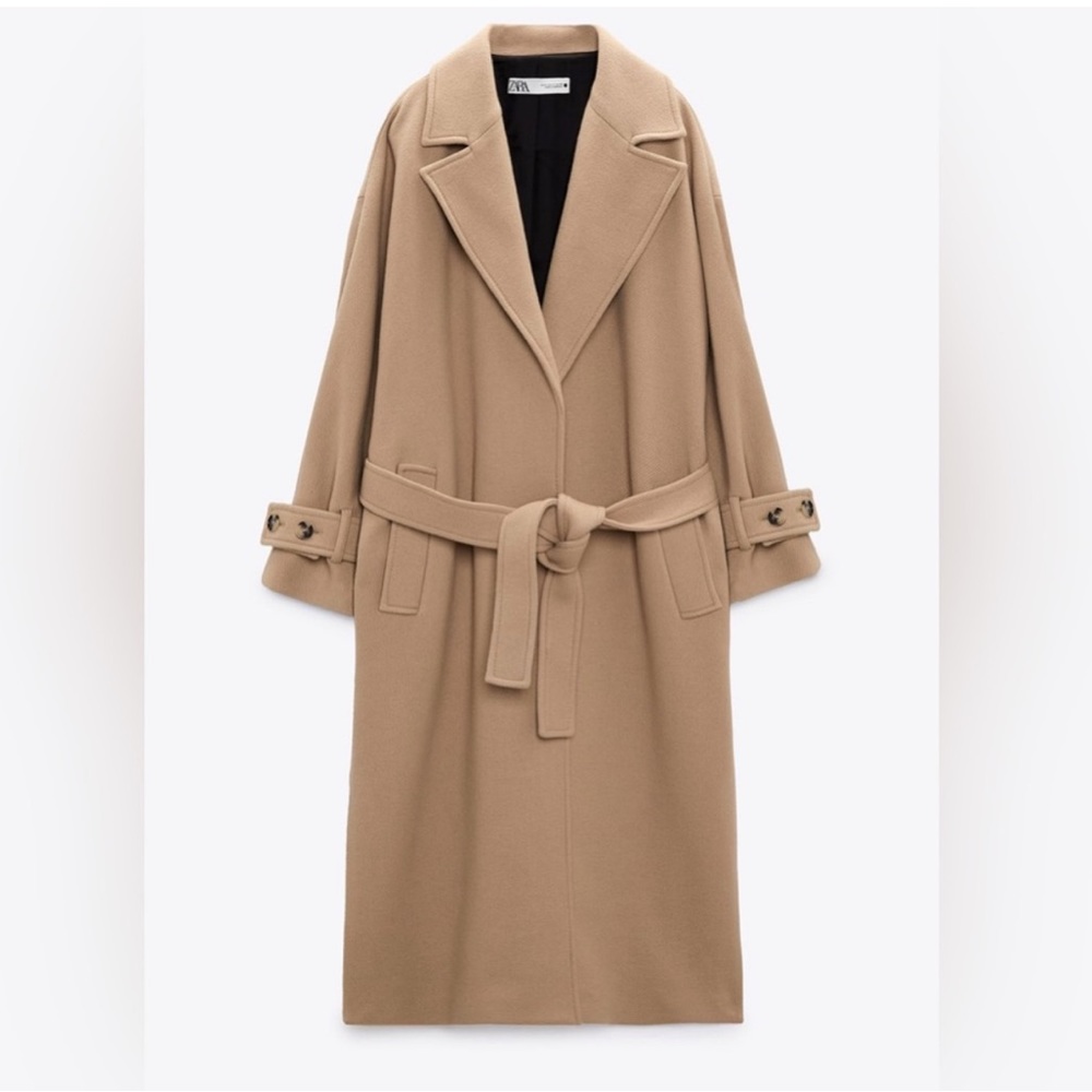 Zara Belted Wool Blend Coat in Taupe Brown